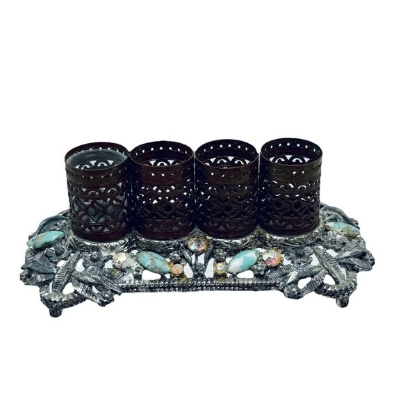 Vintage Sam Fink Jewel Rhinestone & Stone Vanity 4 Lipstick Holder Caddy - Picture 4 of 11